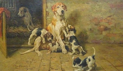 Foxhound Dog Mother & Puppies Oil Painting