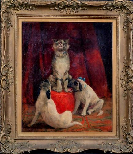 Portrait of Pugs & A Cat "Crescendo" Oil Painting
