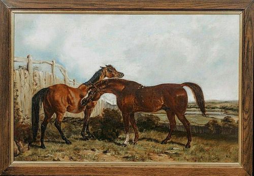 Two Horse By A Fence Landscape Oil Painting