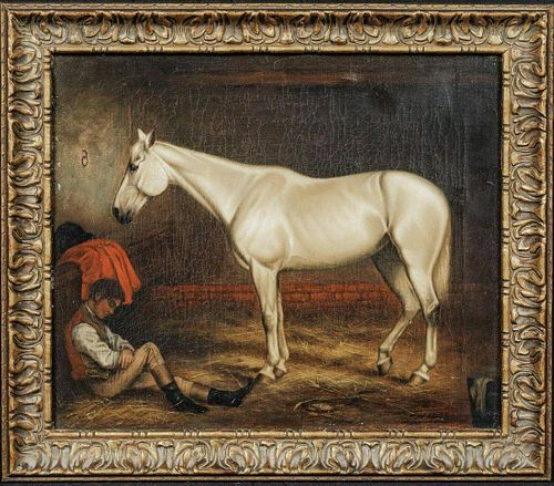 Portrait of A White Horse In Stable With Groom Oil