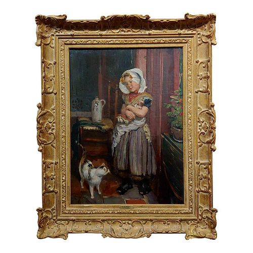Girl With Doll & A Cat Oil Painting