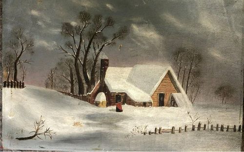 19th Century Winter Scene Oil On Canvas