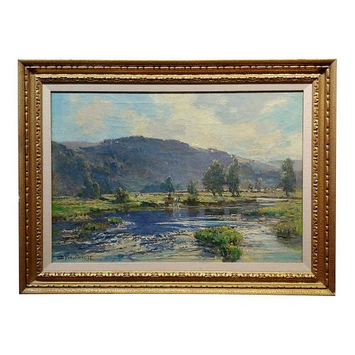 Beautiful Countryside in a River Landscape Oil Painting
