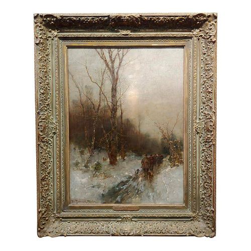 Hunters in a Winter Wooded Landscape Oil Painting