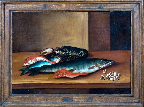Still Life Lobster Fish & Mushrooms Oil Painting