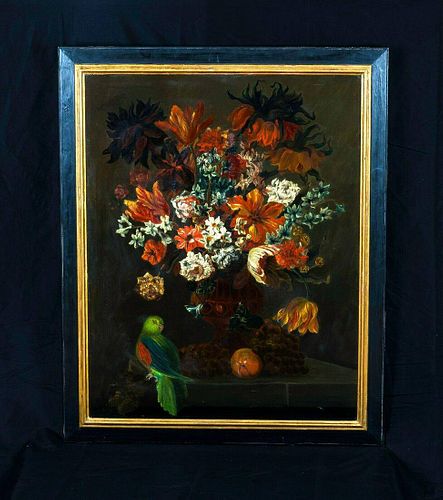 Still Life Flowers & Parrot Oil Painting