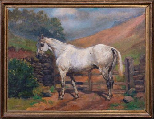 Dapple Grey Horse By A Gate Landscape Oil Painting