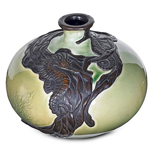 ROOKWOOD Important Sea Green vase, bronzed overlay