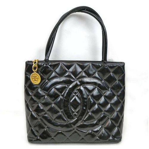 Chanel Black Quilted Patent Medallion Tote Bag