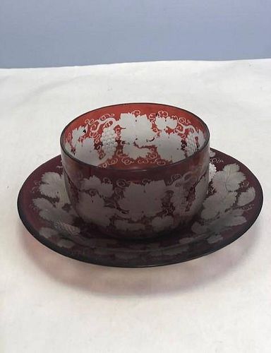 Name: Bohemian ruby engraved bowl and stand Size: 8 x