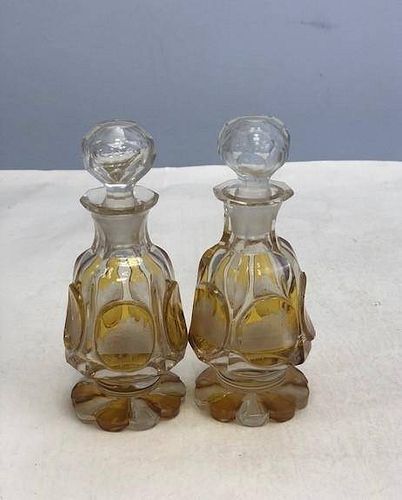 Name: Pair of bohemian clear and amber perfume bottles