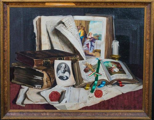 Still Life Antique Books & Papers Oil Painting