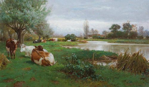 Cattle Resting River Meadow Landscape Oil Painting