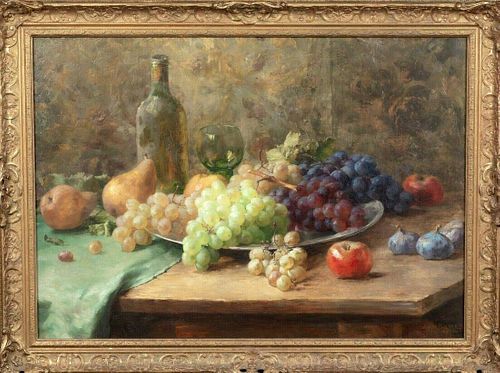 Wine & Fruit Still Life Grapes Pears Apples Figs Oil