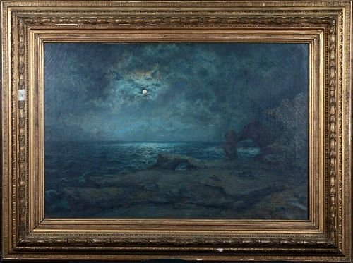 Moonlit Rocky Coastal Beach Seascape Oil Painting