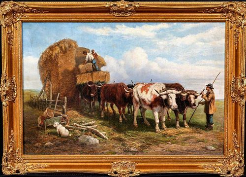 Oxen Bullock Hay Cart Farming Landscape Oil Painting