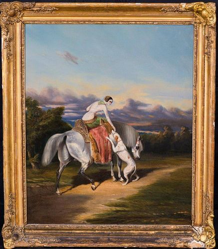 Portrait Riding Her Horse & Greyhound Oil Painting