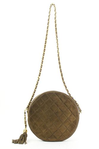 CHANEL BROWN QUILTED SUEDE FRINGE TASSLE ROUND CLUTCH WITH CHAIN BAG
