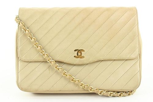 CHANEL BEIGE DIAGONAL QUILTED LAMBSKIN FLAP CHAIN BAG