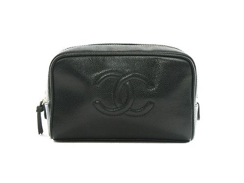 CHANEL BLACK CAVIAR LEATHER TOILETRY CASE DOPP COSMETIC POUCH FULL SET