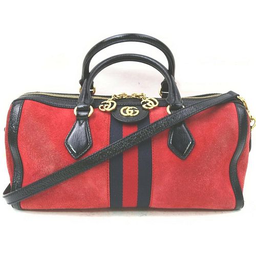 GUCCI RED SUEDE OPHIDIA TOP HANDLE BOSTON DUFFLE BAG WITH STRAP