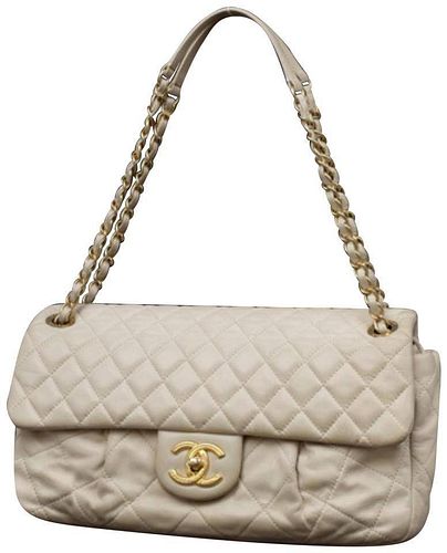 Chanel Quilted Light Beige Quilted Jumbo Flap Chain Bag