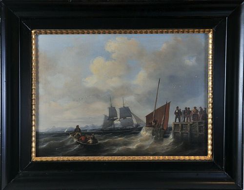 HARBOUR SCENE WITH SAILORS OIL PAINTING