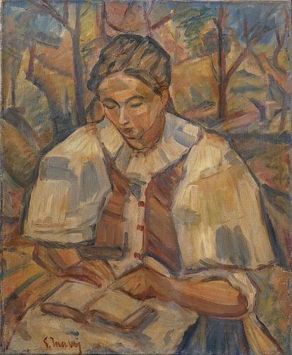 A YOUNG WOMAN READING OIL PAINTING