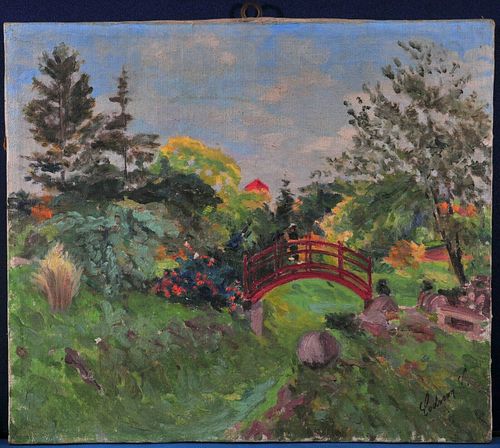 LANDSCAPE OF A SMALL BRIDGE OIL PAINTING