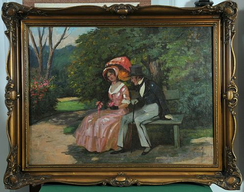 YOUNG COUPLE IN THE PARK OIL PAINTING