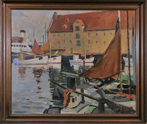 VIEW OF A HARBOUR OIL PAINTING
