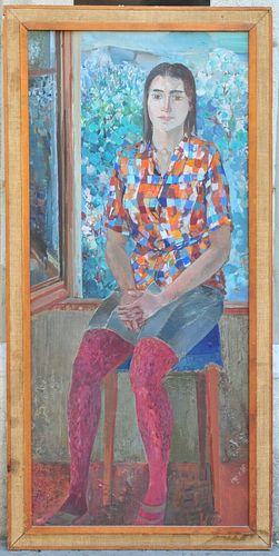 PORTRAIT OF A SEATED LADY IN A COLORFULL BLOUSE OIL PAINTING