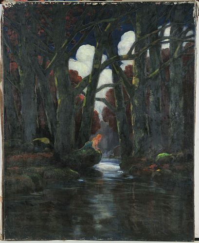 MERMAID BY THE RIVER SIDE IN A FOREST OIL PAINTING