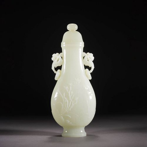 Carved White Jade Orchid Vase