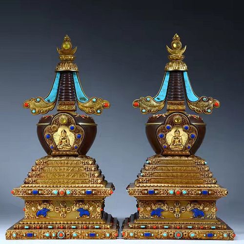 Pair of Gilt Decorated and Hard Stone Inlaid Bronze Stupa
