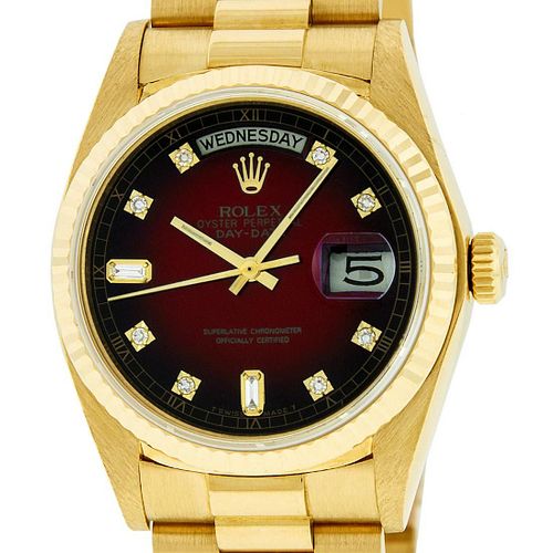 Rolex Mens Day-Date President Watch 18K Yellow Gold Red