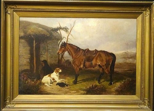 Large 19h Century English Horse & Pointer Dogs Hunting