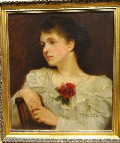 Large 19th Century Lady Portrait White Dress Rose by