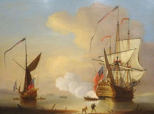Large 18th Century British Navy Man O War Ship Battle