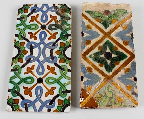 Two terracotta tiles, possibly 17th century, the first with stylised interlocking pattern with folia