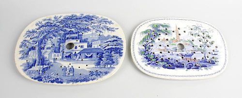 A group of seven 19th century pottery drainers. To include an 'Eastern Street Scene' pattern by Rile