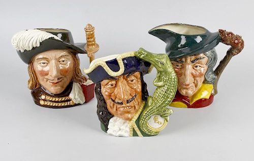 A group of four large and five small Royal Doulton character jugs Comprising: Capt. Hook D6597, Mont