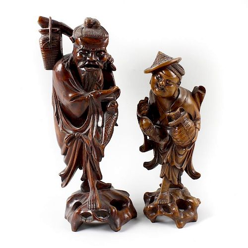 Two Japanese rootwood figures Each modelled as a fisherman with creel and fish, 14 and 11.5 high res
