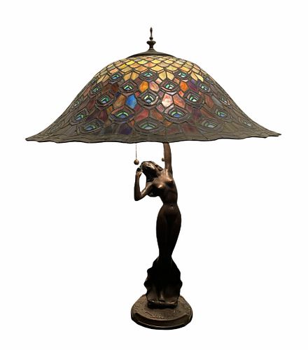 Stained Glass Leaded Lamp w/ Peacock Design