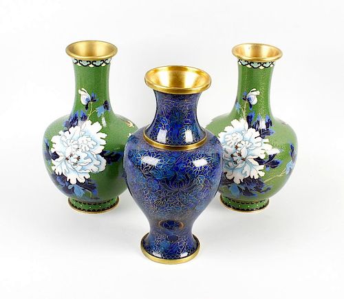 A group of cloisonne vases Comprising three pairs, largest 10.25, (26cm), plus a single vase and a N