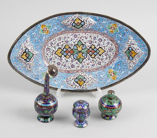 A group of Eastern enamel wares To include: an oval desk tray with Persian style floral and lozenge