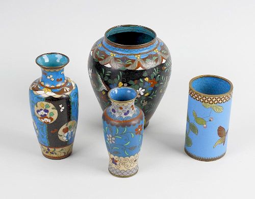 A box containing a group of mainly late 19th century cloisonne wares. To include a small beaker deco