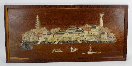 A 19th century Chinese carved soapstone and wooden panel. Depicting landscape scene in low relief wi