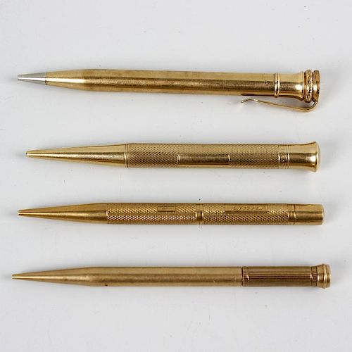 Four 9ct gold mechanical pencils. Comprising a Sampson Mordan & Co. example having plain tapering bo