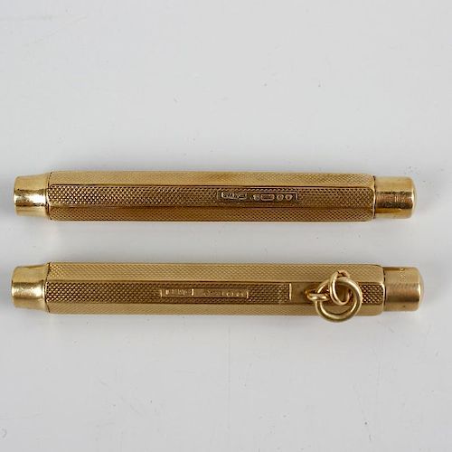 Two 9ct gold Sampson Mordan & Co. retractable pencils. Each of hexagonal form having textured barrel